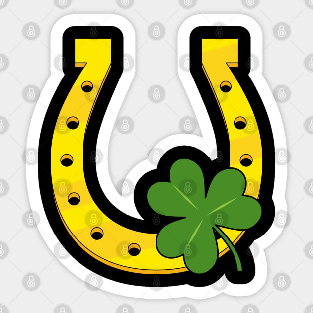 Lucky Golden Horseshoe with Shamrock on Black Sticker by BirdAtWork